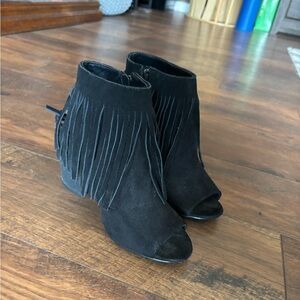 Black Fringe Peep-Toe Ankle Boots - Women